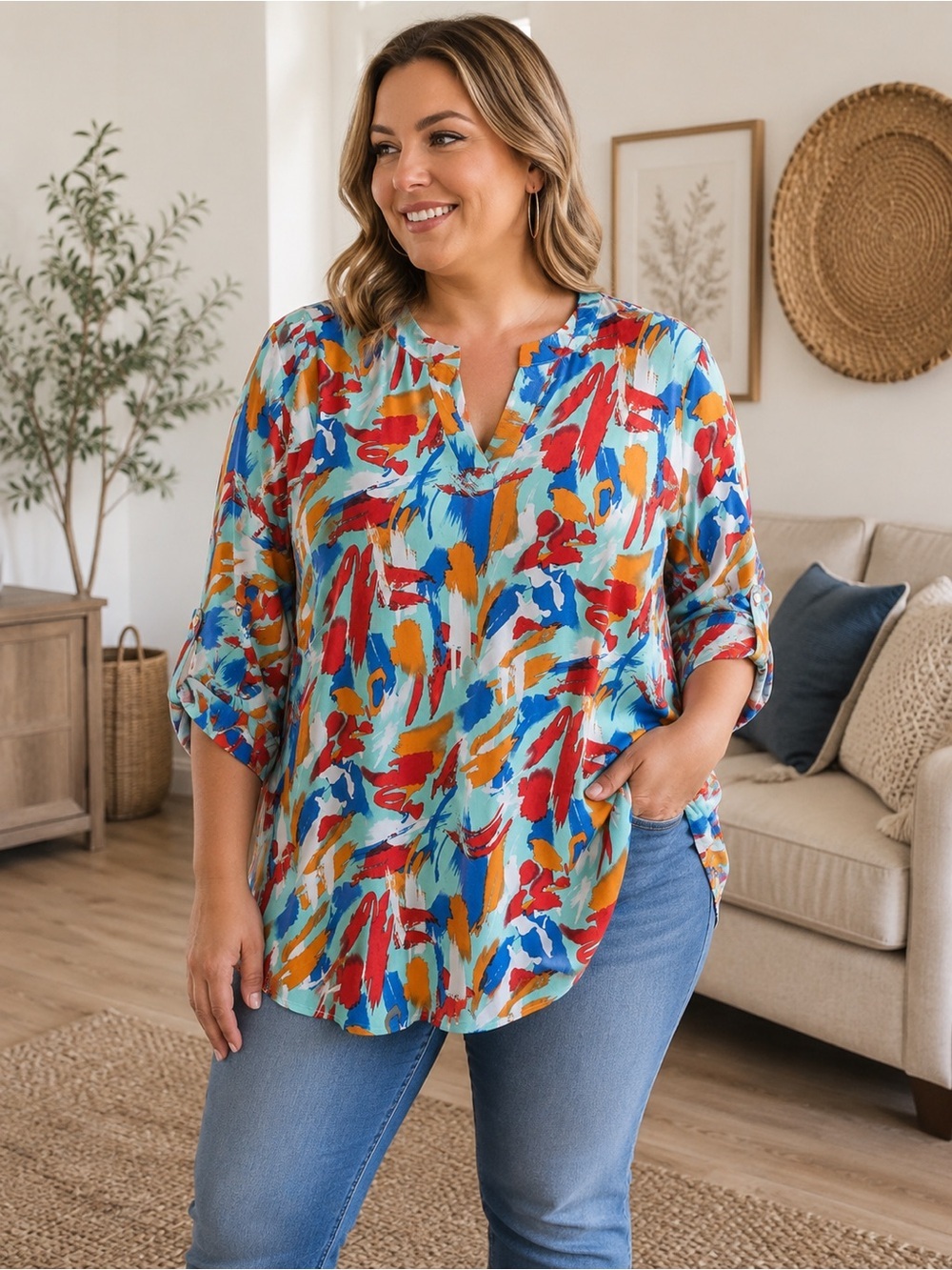 Dear Scarlett XL Abstract Brushstroke Tunic Top Roll Tab Sleeve NWT